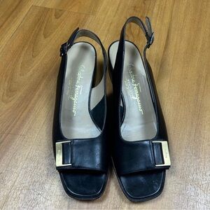 Salvatore Ferragamo Women’s Black and Gold Peep-Toe Heels